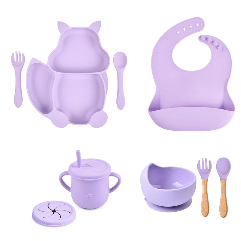 8Pcs/Set Baby Tableware Sets Silicone Non-slip Children  BPA Free